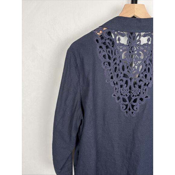 Susan Graver Linen Blend Blazer Jacket XL Navy Blue Crochet Detail Boho Classic - Picture 9 of 12